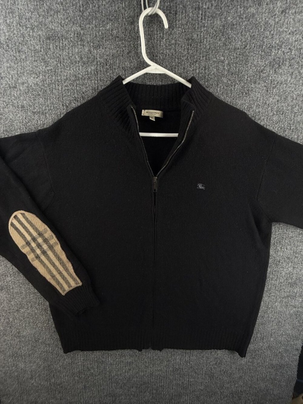 Burberry Full Zip Nova Wool Medium Black Elbow Patches Italy Mock Neck Logo